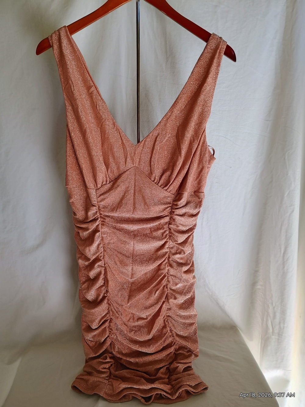 Sleeveless Ruched V-Neck Light colored Brown Sparkly Dress
